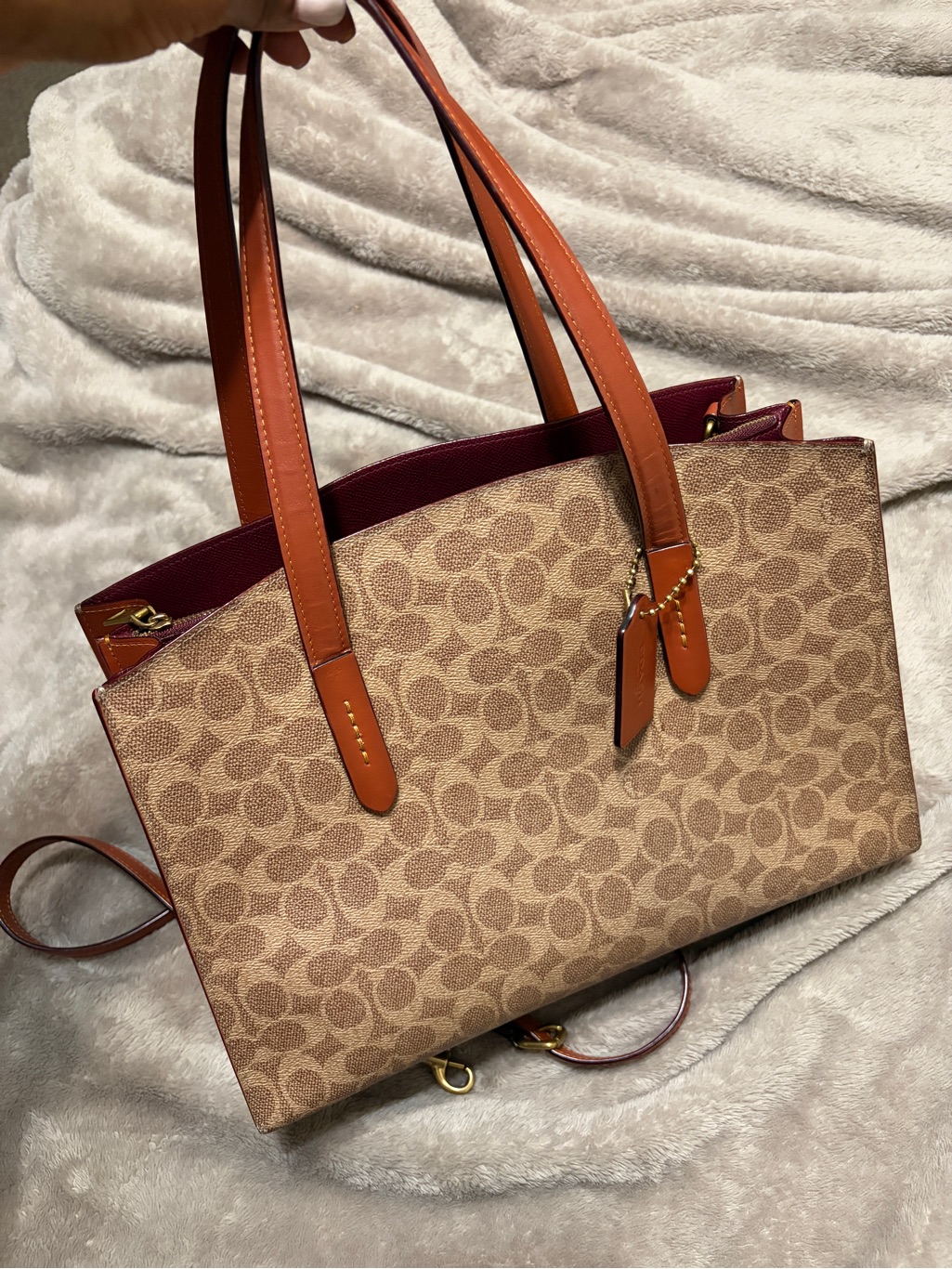 Coach Signature Canvas Tote In Tan With Saddle Trim